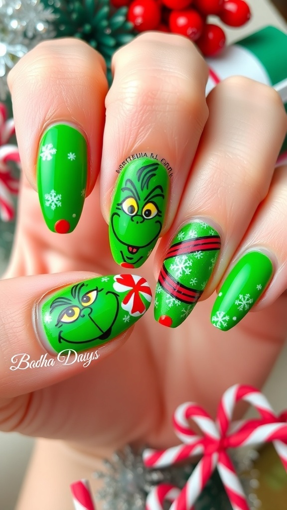 Grinch-themed Christmas nail art with green and red colors, featuring a Grinch face and holiday patterns.